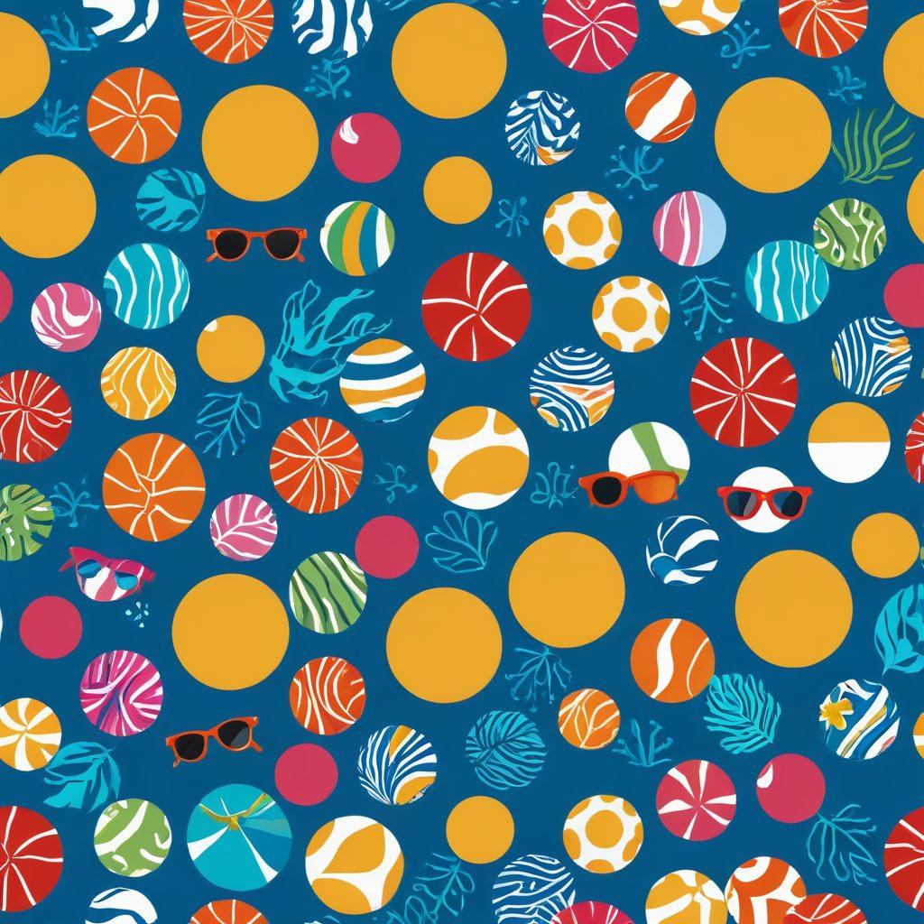 An elegant collage showcasing various swimwear styles from A to Z, including bikinis, one-pieces, and swim trunks, each labeled with trendy fonts. Surrounding the swimwear, incorporate bright summer elements like beach balls, sunglasses, and tropical flowers, creating a fun, playful atmosphere. Use a dynamic, colorful background with waves and sun to enhance the beach vibe. Vector art. vibrant colors.